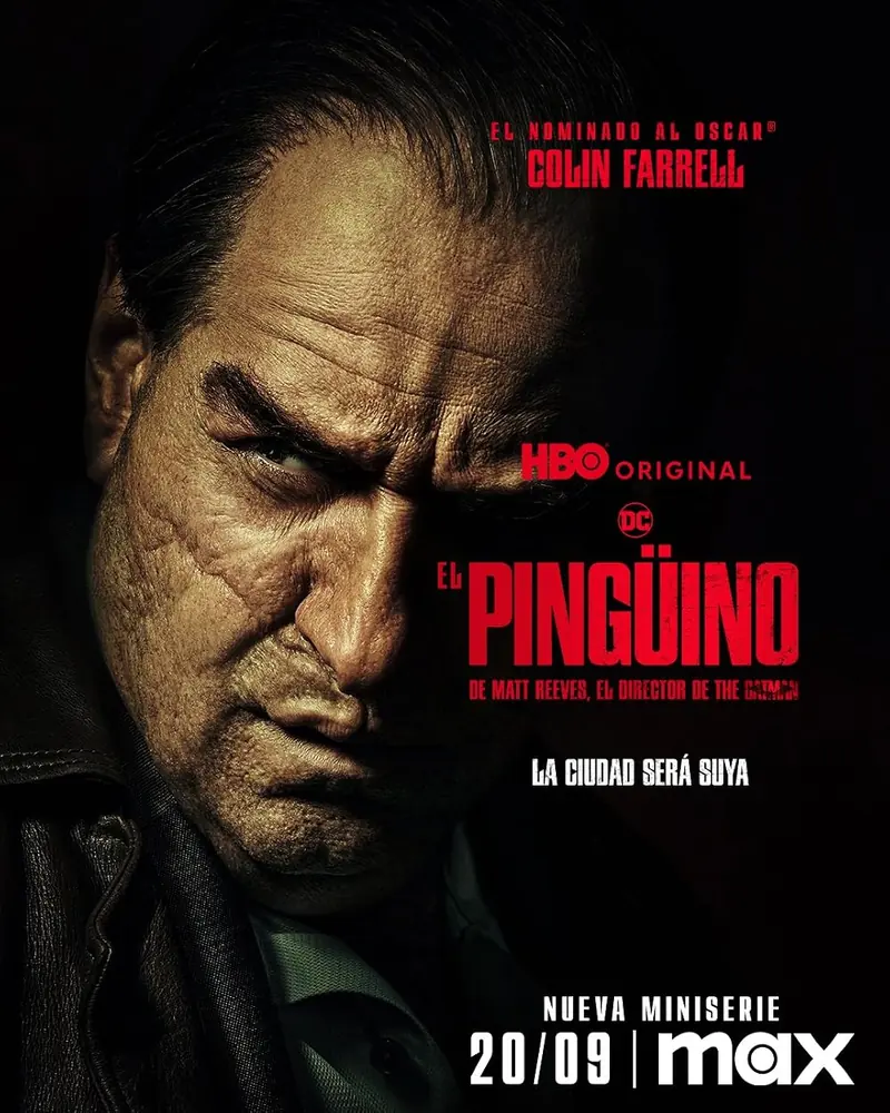 Póster oficial de El Pingüino: Oz Cobb de traje, bajo la lluvia